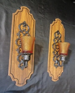 VINTAGE WALL SCONCE PAIR AMBER GLASS VOLTIVE BROWN BLACK CANDLE HOLDER MCM - Picture 1 of 13
