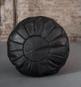 NEW Moroccan Grain Leather Pouf Pouffe Ottoman Footstool BLACK - AU SELLER - Picture 1 of 11
