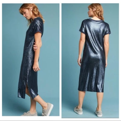 Vestido Moulinette Soeurs interestelar azul lentejuelas manga corta midi recto Foto 1 de 4