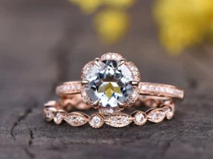 Gift For Her 14k Gold Aquamarine Diamond Set Art Deco Engagement Ring - Picture 1 of 4