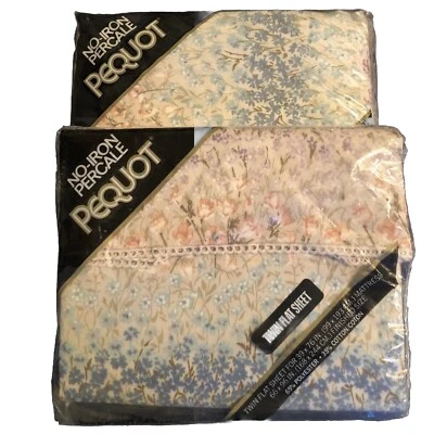 Vtg Pequot Twin Sheets Fitted & Flat Soft Floral Cottage Core Springs USA New - Image 1 of 4