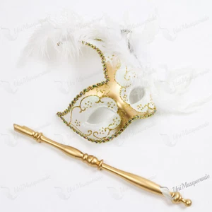 Side Feather Glitter Mask Venetian Halloween Party Eye Masks White Gold W/ Stick - Picture 1 of 5