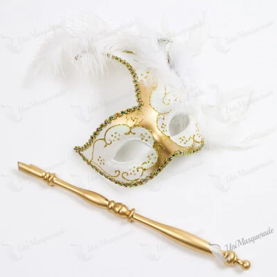 Side Feather Glitter Mask Venetian Halloween Party Eye Masks White Gold W/ Stick - Image 1 of 4