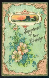 REMEMBRANCE ON YOUR BIRTHDAY Forget Me Nots Wild Roses Vintage Unused Postcard - Picture 1 of 1