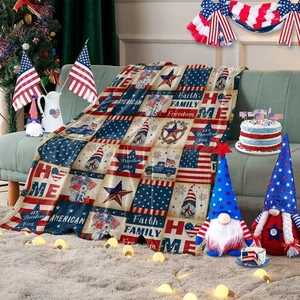 Patriotic Gnome Blanket USA Flag Throw Blankets Retro Plaid Soft Flannel Flee... - Picture 1 of 9