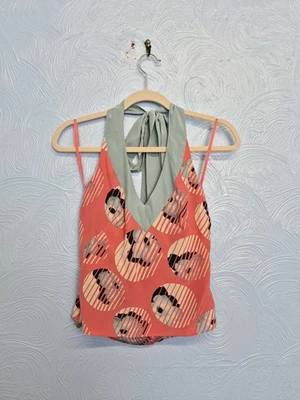 Ted Baker Halterneck Top Size 2 UK Silk Floral Abstract Pink Blue Party Y2K - Image 1 of 4