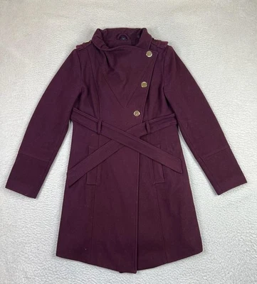 Abrigo Mujer GUESS Mediano Borgoña Mezcla Lana Cinturón Doble Pecho Asimétrico Foto 1 de 4