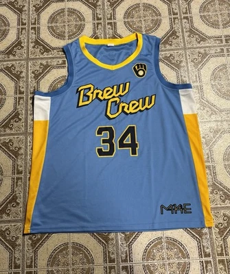 ESPN Milwaukee Light Blue Yellow White Brew Crew 34 ANTETOKOUNMPO Jersey Size XL - Image 1 of 4