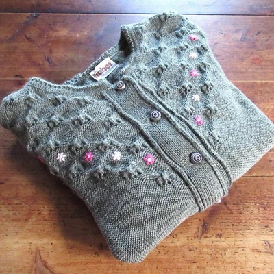 Cardigã Feminino Huber Vintage 38 Extra Pequeno Verde Rosa Lã Bordado Casa de Campo - Imagem 1 de 4