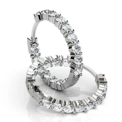 Brincos de argola 2 quilates corte redondo pino dentro e fora simular diamante ouro branco 14K por cima - Imagem 1 de 4