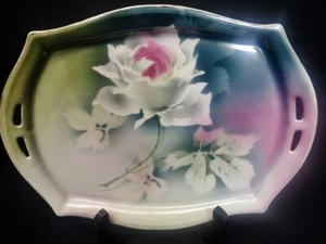 Antique C.T. Altwasser Porcelain Vanity Tray with White & Pink Rose Germany - Picture 1 of 11