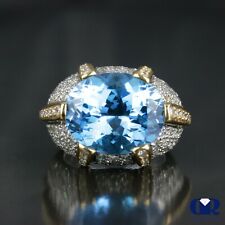Cocktail Ring Right Hand Ring 18k Gold Large 16.14 Ct Natural Blue Topaz Diamond