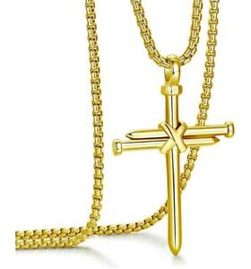 Nouveau collier pendentif croix clou mode en acier inoxydable or 24'' chaîne Rolo