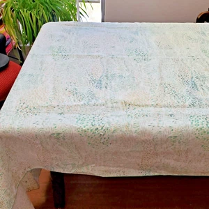 Vintage Tablecloth Green Peach Gray Abstract Pastel Watercolor 81x56" Serged 80s - Picture 1 of 10