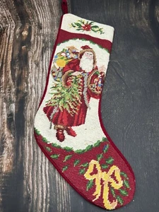 Medias de lana vintage punta de aguja Santa y juguetes y árbol de Navidad espalda de terciopelo rojo - Imagen 1 de 5