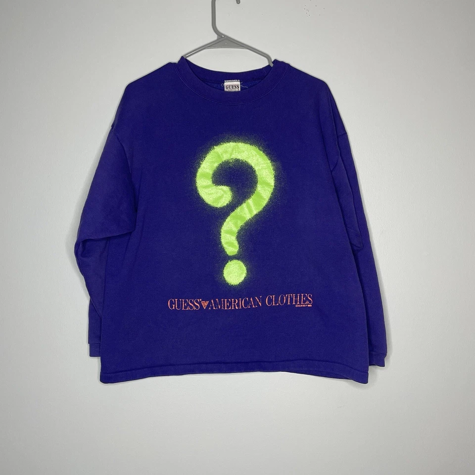 Vintage 1989 Guess Shirt Spray Paint Question Mark Old School The Riddler Purple - Image 1 of 4
