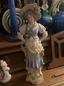 Antique Porcelain Bisque Statue Farmers Wife & Sickle Grain Sun Hat Germany - Picture 1 of 11