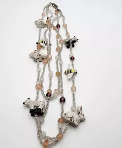 Vtg Peruvian Ceramic Beads 3D Rabbits Bees Sheep Sterling 925 Layered Necklace - Picture 1 of 18