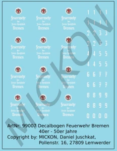 Mickon 99007 Decals Feuerwehr Bremen Logos Türwappen 40er - 50er Jahre 1:87 H0 - Picture 1 of 1