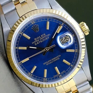 Rolex Datejust Mens Two-Tone Watch Blue Index Dial Fluted Jubilee 16233 No Hole - Picture 1 of 21