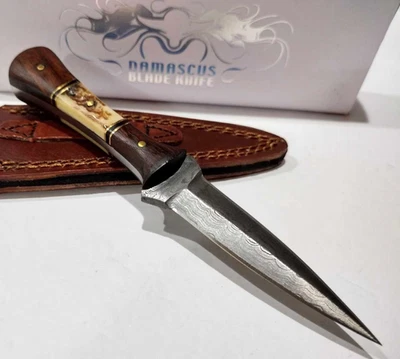 RITE-EDGE Stag Bone Damascus Double Edge Baby Boot Dagger Pig Sticker Knife EDC - Image 1 of 4