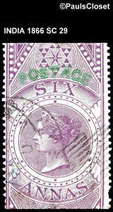 INDIA 1866 SC 29 QUEEN VICTORIA TYPE-1 VIOLET GRN OP 6a  USED FINE - Imagen 1 de 2