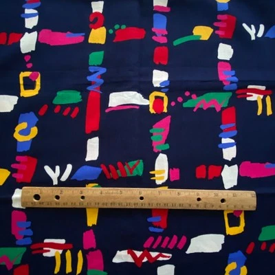 2 YD 1980s Abstract Fabric Multicolor on Black Cotton - Image 1 of 4