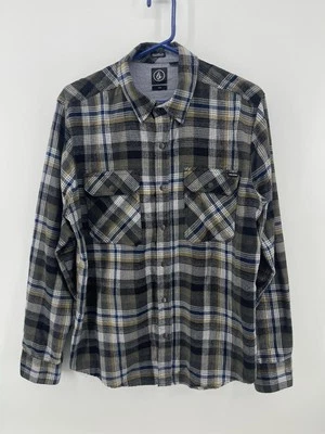 Volcom Flannel Metal Snap Button Shirt Mens Size Medium Gray Blue Beige Plaid - Image 1 of 4