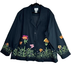 Quacker Factory Jacket Womens 3X Black Embroidered Floral Butterfly Button Front - Picture 1 of 9