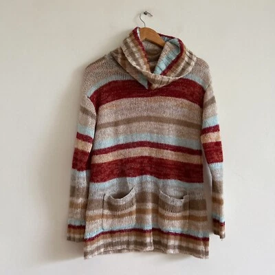 Vintage 90s Y2k brown stripe sweater autumn brown jumper knit tunic pockets  - Image 1 of 4