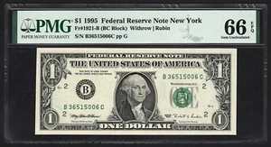 1995 Federal Reserve Note New York, $1 Fr#1921-B (BC Block), PMG 66 EPQ Gem UNC - Picture 1 of 4