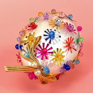 Vintage Easter Egg Ornament Silk String Push Pin Atomic Sequin Beaded Handmade - Picture 1 of 16