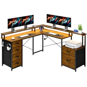L Shape Gamin Desk Convertible Corner Computer Desk 2 Person Office Table Walnut - Picture 1 of 9
