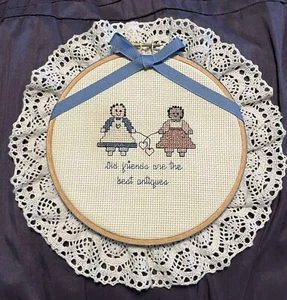 VTG Needlepoint Handmade Cross Stitch Embroidery Framed Completed “Old Friends” - Picture 1 of 5
