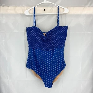 J Crew Women 2X Smocked One Piece Swimsuit Blue Floral Polka Dot Stretch Beach - Picture 1 of 10
