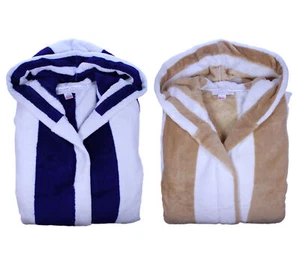 Ladies Mens Slenderella Striped Hooded Dressing Gown Soft Coral Fleece Bath Robe - Picture 1 of 30