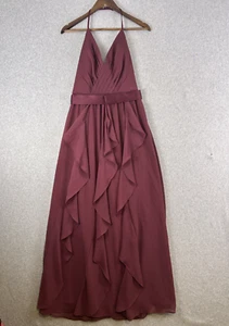 White by Vera Wang Maxi Dress Women 4 Wine Ruffle Halter Bridesmaid Formal Gown - Picture 1 of 10
