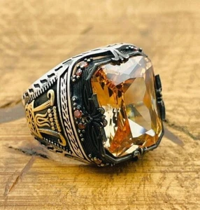 Mens Sterling Silver Ring, Champagne Citrine Zircon Stone Ring,925K Mens Jewelry - Picture 1 of 9