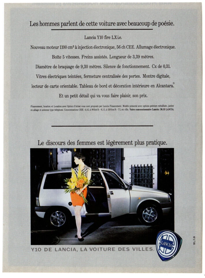 LANCIA Y10 Fire LX 1990 de colección impresión original AD foto de coche blanco mujer flores Foto 1 de 1
