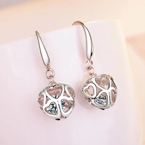 925 Sterling Silver Hollow Heart Zircon Dangle Drop Earrings Womens Jewellery - Picture 1 of 3