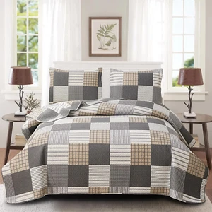 Brown Black Plaid Bedding Sets, 3 Pcs King Size Quilt Bedspread Checked - Bild 1 von 12