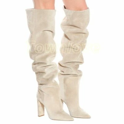Women Faux Suede Over The Knee High Slouchy Boots Toe Heel Slouch Long Boots - Image 1 of 4