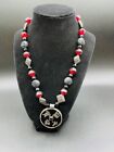 Chico’s Asian Medallion Necklace w/Red & Black Beads Antique Silver Metal