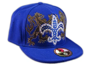 Fleur-de-lis on Blue Flat Brim Hip Hop Hat Jewels from Pit Bull - Picture 1 of 4