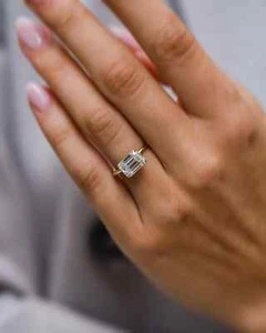 East To West Solitaire 1.50 CT Silver Moissanite Emerald Cut Anniversary Ring - Picture 1 of 2