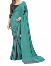 Indian Traditional Women's Chiffon Stripe Saree Velvet Sequence Blouse Rama