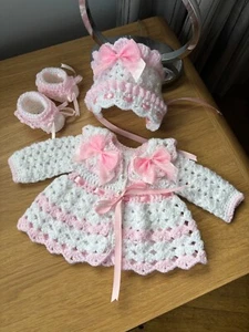 PREMATURE BABY MATINEE COAT CARDIGAN BONNET BOOTEE CROCHET 5-6LB BABY HANDMADE - Picture 1 of 5