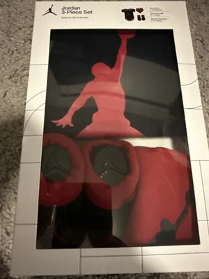 Nike Jordan Black Red 3 Pc Set Bodysuit BOOTIES Bib 6-12 Mos Basketball New - Image 1 of 4