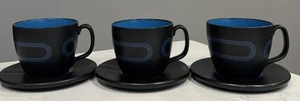Lot 3 IKEA Black & Blue Geometric LRG 16 oz Cup Mug & Saucer Set Stoneware Retro - Picture 1 of 14