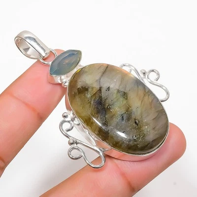 Pendente In Argento Sterling 925 Con Gemma Di Labradorite E Calcedonio 2.48" - Immagine 1 di 4
